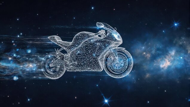 Futuristic motorcycle design with glowing wireframe on cosmic background conveys innovation, technology, and speed for transportation or gaming concepts