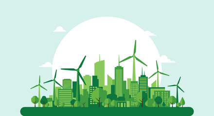 Obraz premium Surreal flat vector illustration of eco green city with wind turbines and trees, sustainable urban landscape design on light blue background