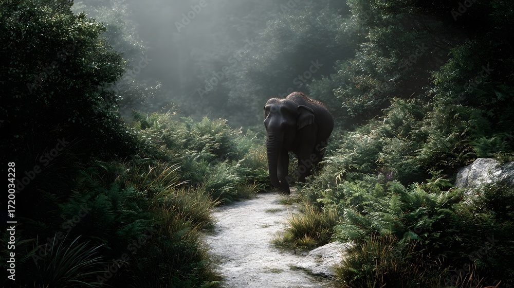 Poster an elephant walks serenely along a misty jungle path bathed in soft diffused light creating a tranqu