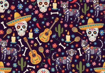 Festive D&iacute;a de los Muertos Pattern with Calaveras Skeleton Pets and Guitars.