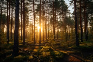 Obraz premium Golden sunbeams pierce dense pine forest trees sunrise