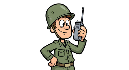 Fototapeta premium Soldier Cartoon Communicating with Walkie-Talkie for Military Concept