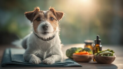 dog practicing yoga poses and stretches on soft mats, raw meat and vegetable bowls, vitamin supplements on nearby table