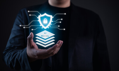 Secure AI model protection concept with digital shield and neural circuits floating above hand.