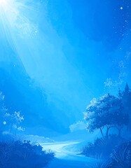 Serene blue landscape with sunlight