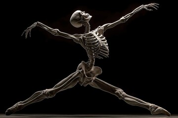 A human skeleton poses in a ballet dance. A human skeleton poses.