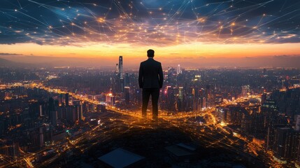 Obraz na płótnie Canvas A man in a suit stands overlooking a cityscape at dusk with a network overlay above the city lights