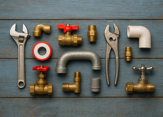 Plumbing tools on blue wooden background. Top view with copy space