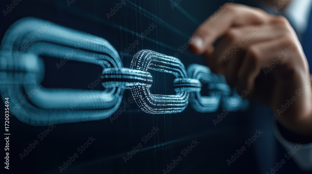 Poster A close-up of a hand interacting with digital chain links, symbolizing connectivity, technology, and blockchain concepts.