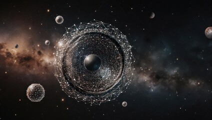 Experience cosmic sound with this speaker surrounded by celestial bodies and glowing networks, perfect for technology or music visuals and imaginative concepts