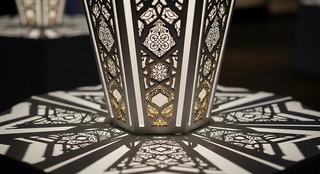 Intricate, decorative lantern casting intricate shadows on a patterned base.