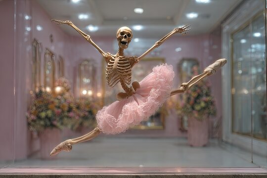 A human skeleton poses in a ballet dance. A human skeleton poses.