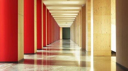 A long, narrow hallway with red pillars and a wooden floor.