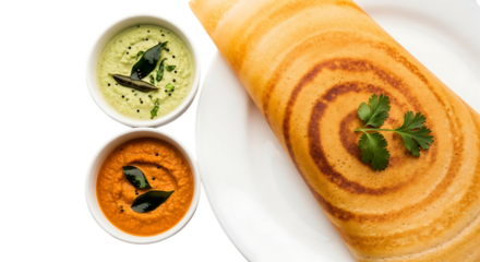Crispy dosa with coconut chutney and tomato chutney isolated on transparent background dosa is a south indian crepe made from fermented batter it is a popular street food in india and is often served 