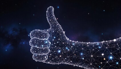 Futuristic thumbs up gesture shimmering against a cosmic backdrop, ideal for technology, success, and positive feedback concepts in a modern digital world