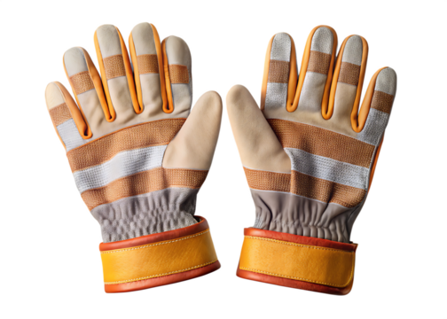 Pair of Striped Work Gloves with Leather Palms and Cuffs Keywords: work gloves, construction isolated on a transparent background
