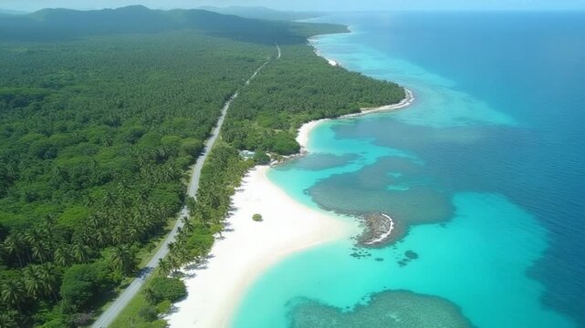 Tropical coastline with quiet ocean, sandy beach and road in Fuvahmulah island. Aerial view
