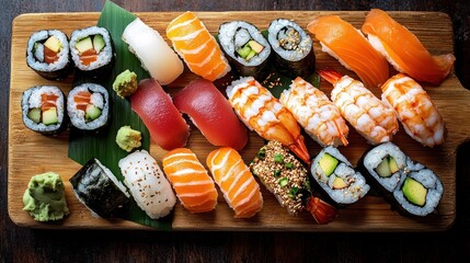 A wooden cutting board with a variety of sushi rolls and nigiri on it.