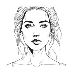 Black and white close up illustration of a beautiful woman face minimalist elegant line art drawing