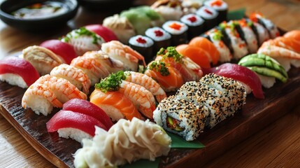 A colorful assortment of sushi on a wooden tray.