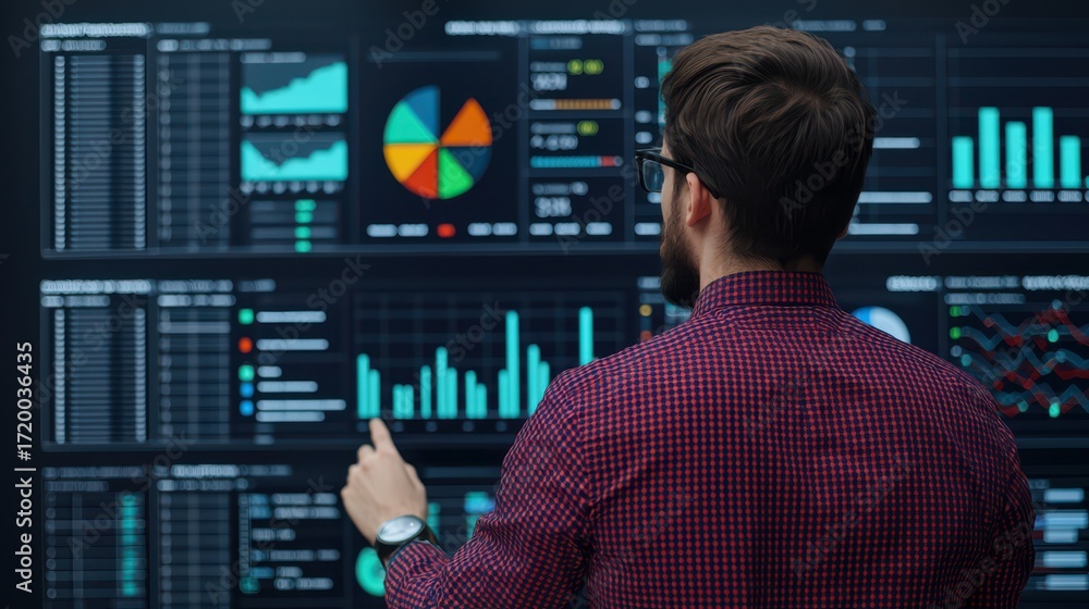 Poster a man analyzes data on a digital screen displaying various graphs and charts, highlighting trends an