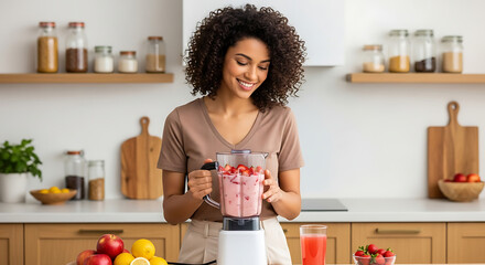 Smiling Young Woman Preparing Strawberry Smoothie in a Bright Kitchen