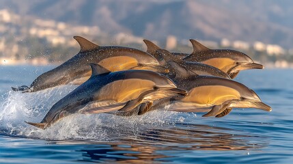 Fototapeta premium Group of Dolphins Jumping in Clear Blue Ocean Water, Capturing Joyful Moment of Marine Life