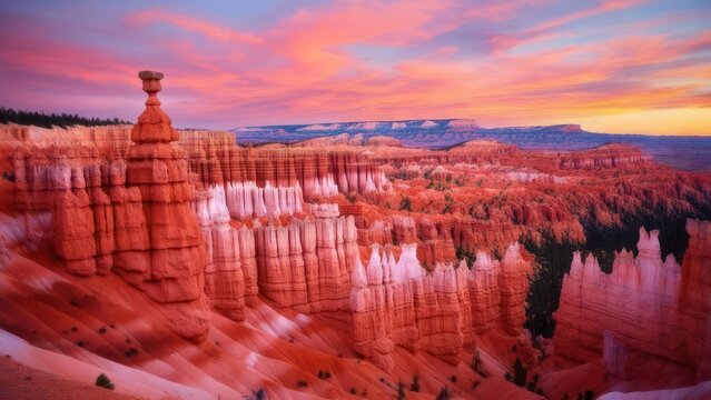 Stunning Bryce Canyon hoodoos glow with vibrant pink and orange sunset sky, showcasing majestic natural formations and breathtaking desert landscape.