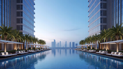 Luxury infinity pool between skyscrapers with city skyline view