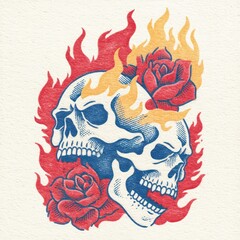 Flaming skulls with roses