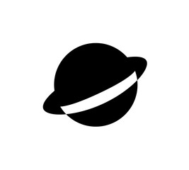 Black and white illustration of a planet with a ring around it, isolated on a white background.