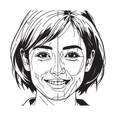 Black and white close up illustration of a beautiful woman face minimalist elegant line art drawing
