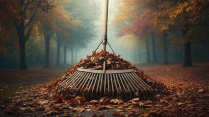 Cozy autumn scene with rake piled high with fallen leaves in a misty forest clearing, capturing the essence of seasonal change and outdoor chores.