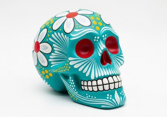 Vibrant Turquoise Calavera with Hand-Painted White Daisies and Intricate Swirls.