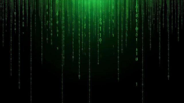 Green binary code rain pattern falling on black background representing digital data flow concept for technology footage