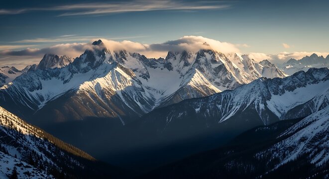 A majestic vista of snow-capped peaks bathed in the soft light of a tranquil mountain sunset.