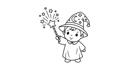 Cute little wizard casting a spell with a magic wand drawing