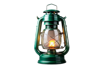 Vintage green oil lantern isolated for decorative lighting and nostalgic ambiance isolated on transparent background