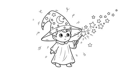 Cute Wizard Boy Casting Spell with Wand Stars and Moon Coloring Page