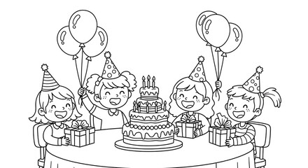 Children Celebrating Birthday with Cake Gifts and Balloons in a Line Art Style