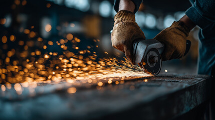 Worker Grinding Metal Sparks Flying Industrial Background