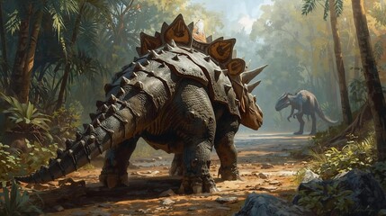 Fototapeta premium Ankylosaurus Using Tail Club to Ward Off Predator in Prehistoric Forest AI generated effects 