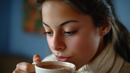 Woman sipping hot beverage in cozy setting