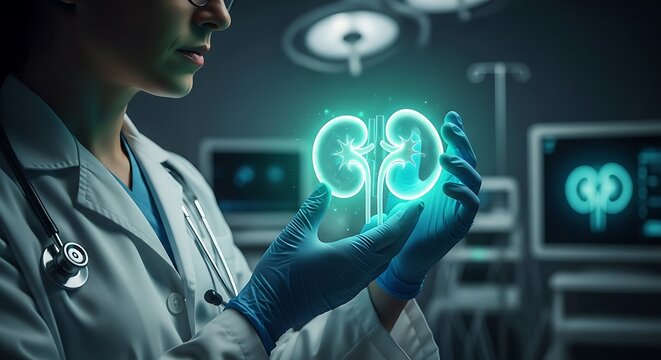 A medical professional holds a glowing, holographic representation of kidneys in a modern medical setting.