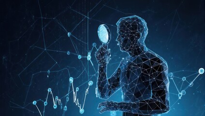 Dynamic digital man examining intricate data network with magnifying glass, visualizing complex analytics for insightful decision-making.
