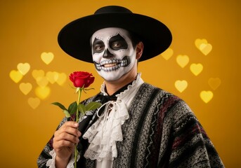 Charming Catrin in Skull Makeup Offers a Red Rose Amidst Golden Heart Bokeh Lights.