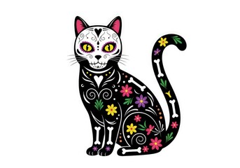 Vibrant Calavera Cat Illustration for Día de los Muertos with Floral and Bone Motifs.