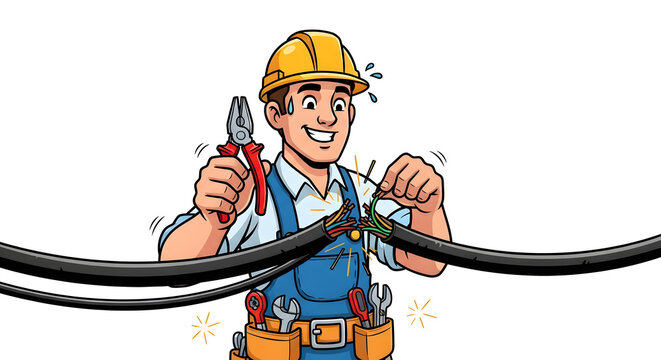 Cartoon electrician character in a hard hat fixing a broken electrical power cable with pliers and tools - Powered by Adobe