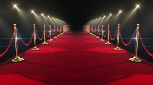 Red Carpet Looped 3d Animation. Awards Ceremony Illustration. Bright Spotlights Glittering Seamless. Rows of Golden Columns. Twinkling Stars and Lights Glowing. Glamour Luxury Celebrity Concept 4k.