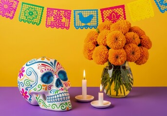 Vibrant Day of the Dead Ofrenda with Painted Calavera Marigolds and Candles.